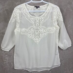Code Embroidered Blouse Top Womens 16 M Cream Mesh Sheer 3/4 Sleeve Boho Y2K